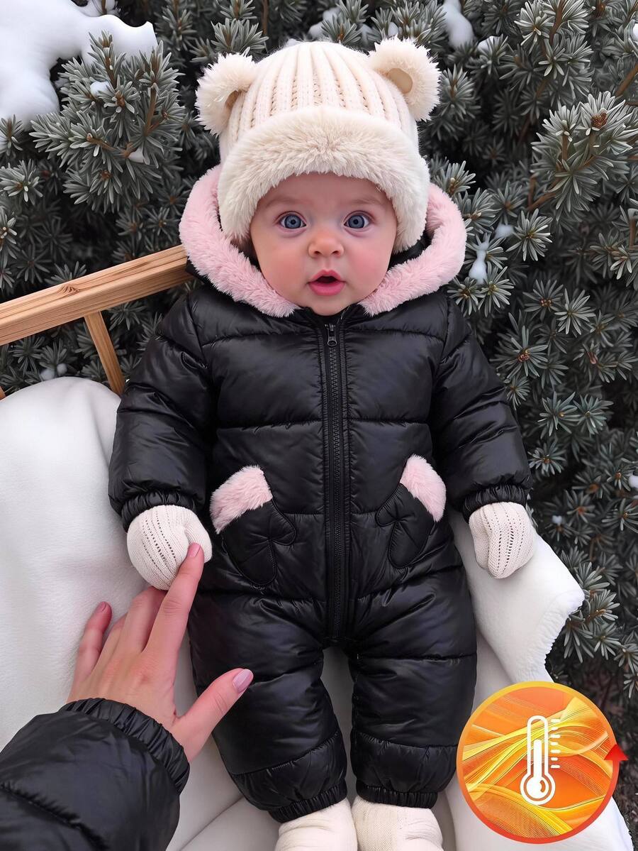 SHEIN Baby Girl Quilted Thick Composite Fabric Contrast Color Cute Fur Trim Hooded Zip-Up Soft One-Piece Long Pants Suitable For Winter - Black - View 1