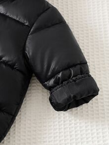 SHEIN Baby Girl Quilted Thick Composite Fabric Contrast Color Cute Fur Trim Hooded Zip-Up Soft One-Piece Long Pants Suitable For Winter - Black - View 8