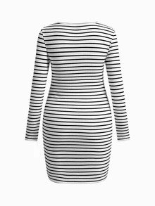 Modmama 孕婦純色長袖休閒修身哺乳洋裝 秋季 - 黑與白 - 查看 9
