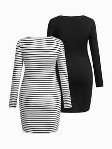 Modmama 孕婦純色長袖休閒修身哺乳洋裝 秋季 - 黑與白 - 查看 4