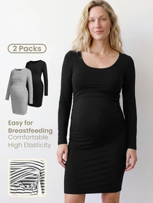 Modmama 孕婦純色長袖休閒修身哺乳洋裝 秋季 - 黑與白 - 查看 2