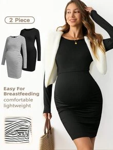 Modmama 孕婦純色長袖休閒修身哺乳洋裝 秋季 - 黑與白 - 查看 1