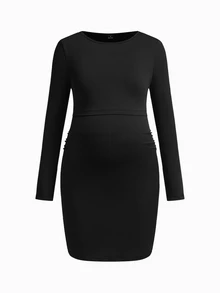 Modmama 孕婦純色長袖休閒修身哺乳洋裝 秋季 - 黑與白 - 查看 11
