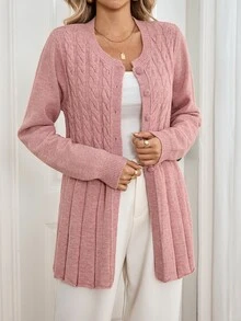 Sprig & Strand Women's Autumn New Arrival Single Piece Round Neck Rope Pattern Cinched Waist Slim Fit Regular Flared Hem Dusty Pink Elegant Casual Office Brunch Top - Pink - View 8