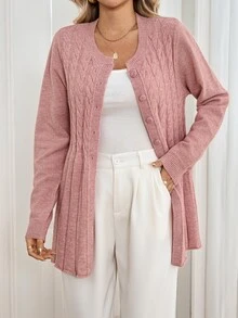 Sprig & Strand Women's Autumn New Arrival Single Piece Round Neck Rope Pattern Cinched Waist Slim Fit Regular Flared Hem Dusty Pink Elegant Casual Office Brunch Top - Pink - View 5