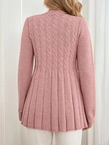 Sprig & Strand Women's Autumn New Arrival Single Piece Round Neck Rope Pattern Cinched Waist Slim Fit Regular Flared Hem Dusty Pink Elegant Casual Office Brunch Top - Pink - View 2