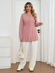 Sprig & Strand Women's Autumn New Arrival Single Piece Round Neck Rope Pattern Cinched Waist Slim Fit Regular Flared Hem Dusty Pink Elegant Casual Office Brunch Top - Pink - View 7