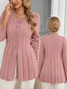Sprig & Strand Women's Autumn New Arrival Single Piece Round Neck Rope Pattern Cinched Waist Slim Fit Regular Flared Hem Dusty Pink Elegant Casual Office Brunch Top - Pink - View 3