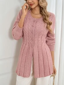 Sprig & Strand Women's Autumn New Arrival Single Piece Round Neck Rope Pattern Cinched Waist Slim Fit Regular Flared Hem Dusty Pink Elegant Casual Office Brunch Top - Pink - View 6