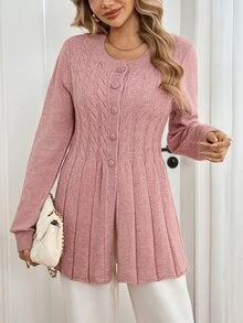 Sprig & Strand Women's Autumn New Arrival Single Piece Round Neck Rope Pattern Cinched Waist Slim Fit Regular Flared Hem Dusty Pink Elegant Casual Office Brunch Top - Pink - View 4