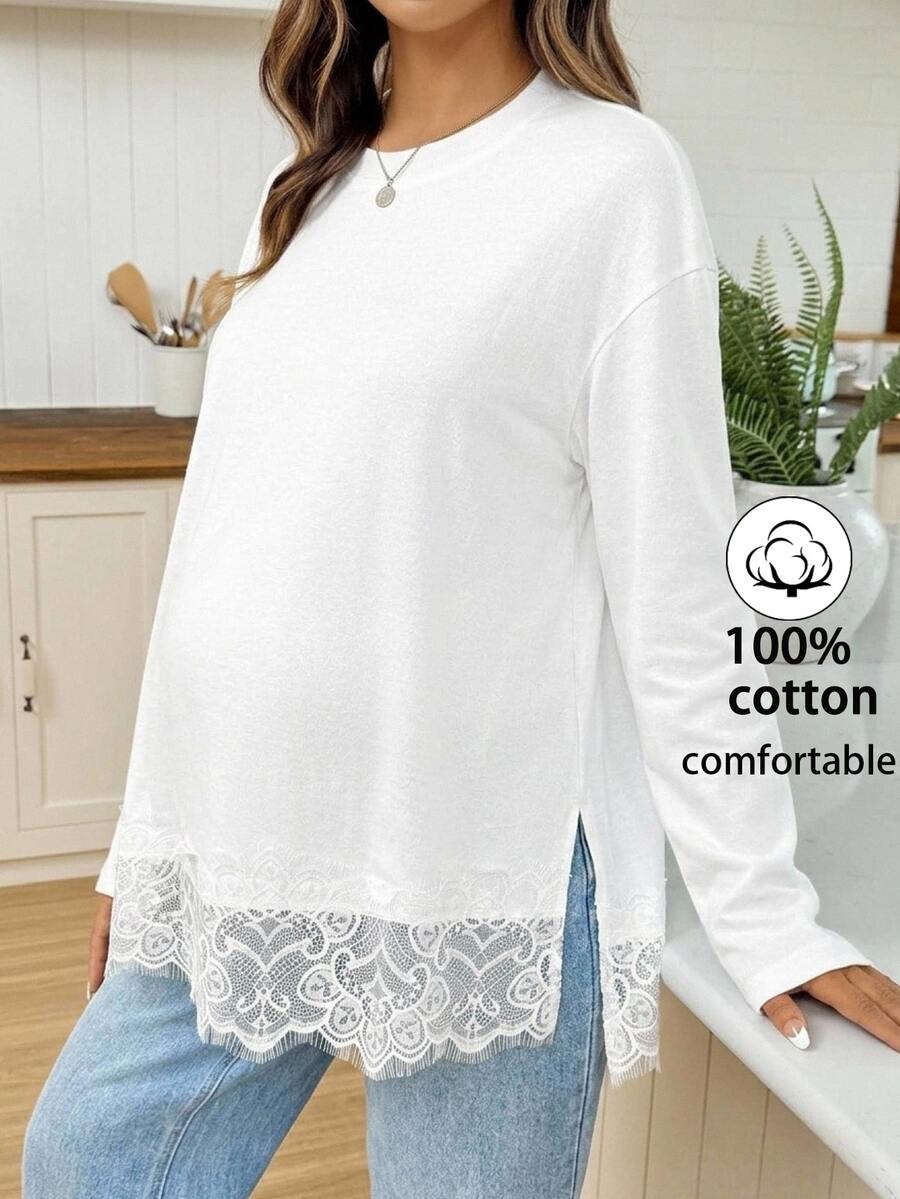 SHEIN Maternity Solid Color Round Neck Drop Shoulder Long Sleeve Lace Hem T-Shirt,Autumn - White - View 1