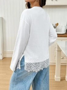 SHEIN Maternity Solid Color Round Neck Drop Shoulder Long Sleeve Lace Hem T-Shirt,Autumn - White - View 2