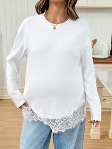 SHEIN Maternity Solid Color Round Neck Drop Shoulder Long Sleeve Lace Hem T-Shirt,Autumn - White - View 3