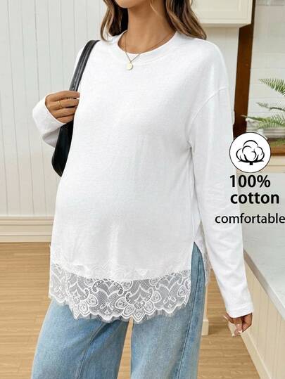SHEIN Maternity Solid Color Round Neck Drop Shoulder Long Sleeve Lace Hem T-Shirt,Autumn