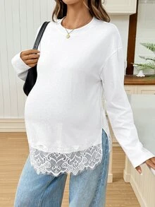 SHEIN Maternity Solid Color Round Neck Drop Shoulder Long Sleeve Lace Hem T-Shirt,Autumn - White - View 7