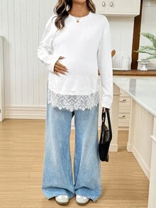 SHEIN Maternity Solid Color Round Neck Drop Shoulder Long Sleeve Lace Hem T-Shirt,Autumn - White - View 5