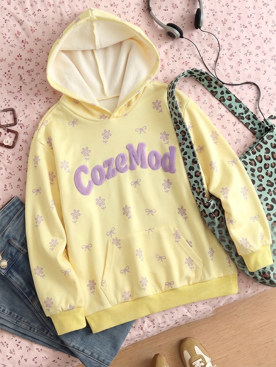 SHEIN 青少年女孩刷毛保暖內裡淺黃色連帽衛衣,身上散布小花與蝴蝶結圖案,長袖,秋季服飾,萬聖節 - 黃色 - 查看 1