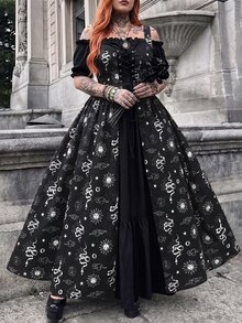 Whyspr Casual Elegant Vintage Cute Grunge Rock Punk Eyelet Lace-Up Dark Princess Court Style Cosplay Off-Shoulder Square Neck A-Line Extra Long Voluminous Summer Plus Size Colorblock Dress - Black and White - View 3