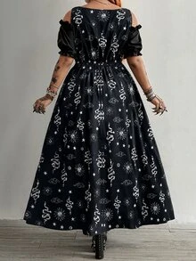 Whyspr Casual Elegant Vintage Cute Grunge Rock Punk Eyelet Lace-Up Dark Princess Court Style Cosplay Off-Shoulder Square Neck A-Line Extra Long Voluminous Summer Plus Size Colorblock Dress - Black and White - View 2