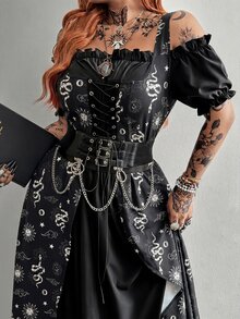 Whyspr Casual Elegant Vintage Cute Grunge Rock Punk Eyelet Lace-Up Dark Princess Court Style Cosplay Off-Shoulder Square Neck A-Line Extra Long Voluminous Summer Plus Size Colorblock Dress - Black and White - View 6