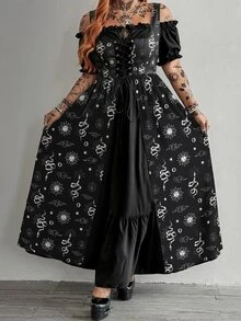 Whyspr Casual Elegant Vintage Cute Grunge Rock Punk Eyelet Lace-Up Dark Princess Court Style Cosplay Off-Shoulder Square Neck A-Line Extra Long Voluminous Summer Plus Size Colorblock Dress - Black and White - View 5