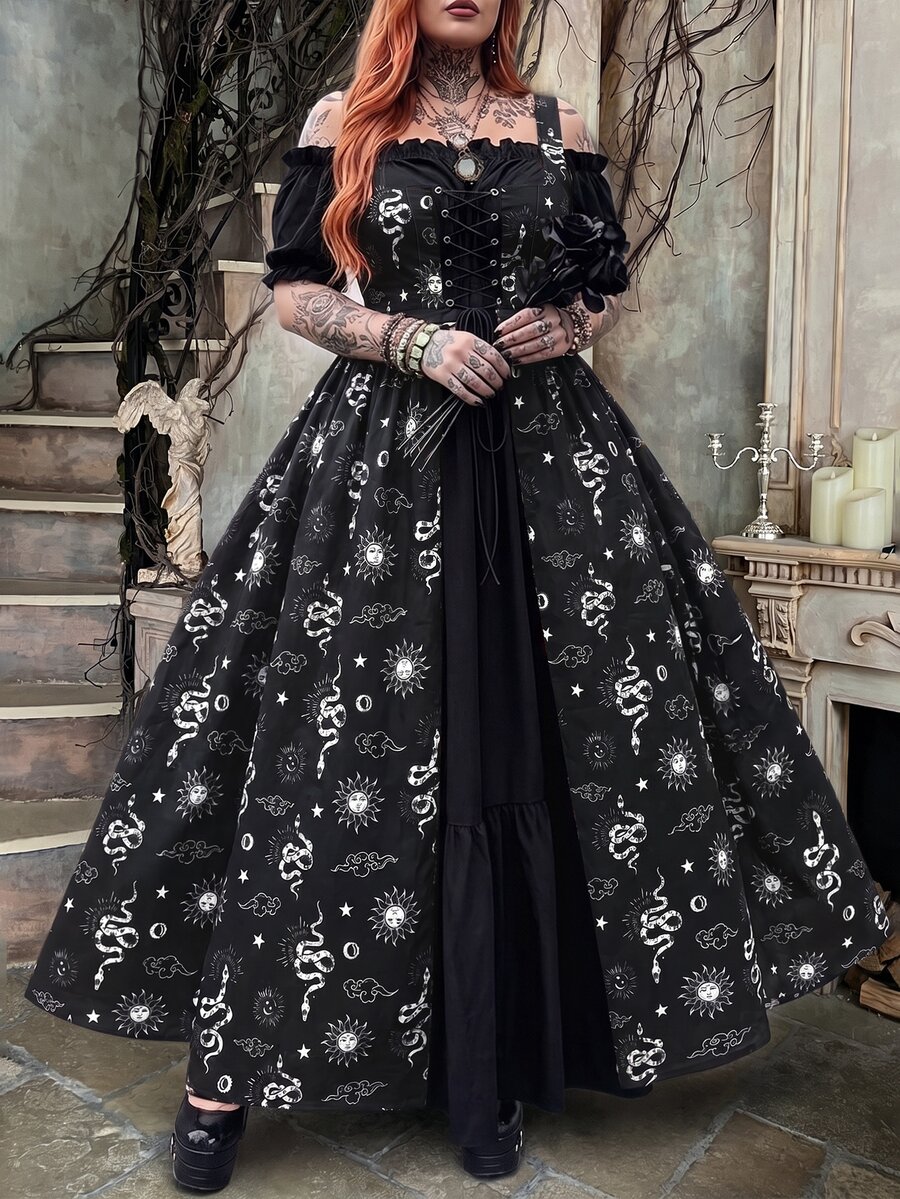 Whyspr Casual Elegant Vintage Cute Grunge Rock Punk Eyelet Lace-Up Dark Princess Court Style Cosplay Off-Shoulder Square Neck A-Line Extra Long Voluminous Summer Plus Size Colorblock Dress - Black and White - View 1