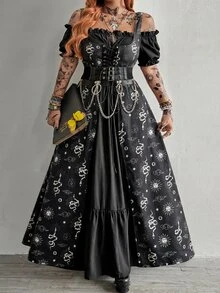 Whyspr Casual Elegant Vintage Cute Grunge Rock Punk Eyelet Lace-Up Dark Princess Court Style Cosplay Off-Shoulder Square Neck A-Line Extra Long Voluminous Summer Plus Size Colorblock Dress - Black and White - View 4