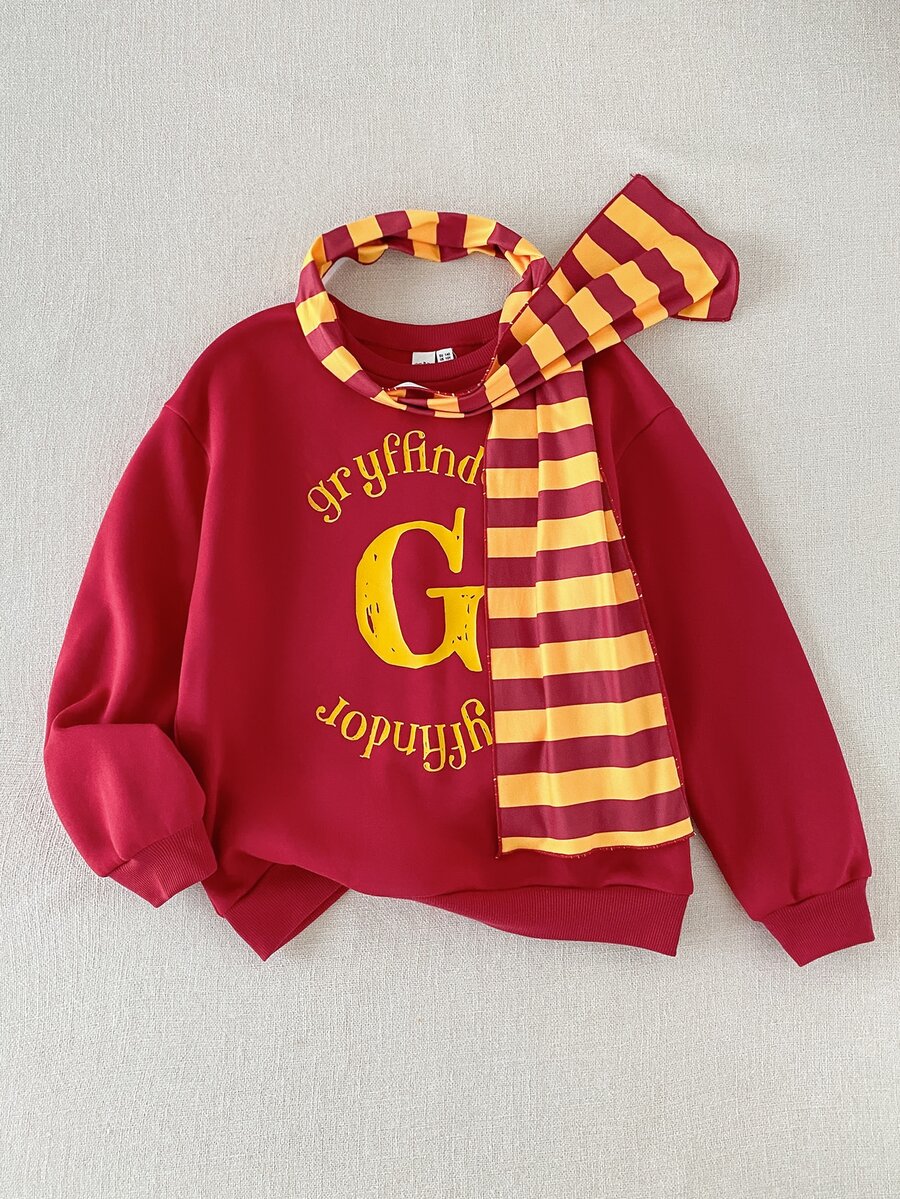 PrepCrw HARRY POTTER X SHEIN 2件組兒童青少年男孩休閒優雅可愛精緻舒適寬鬆針織酒紅色大字母印花圓領套頭運動衫,附贈毛絨圍巾,適合返校、外出、假日、秋冬穿著 - 酒紅色 - 查看 1