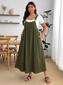Enliva Plus Size Loose Black Strap Dress - Army Green - View 4