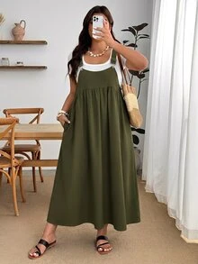 Enliva Plus Size Loose Black Strap Dress - Army Green - View 3