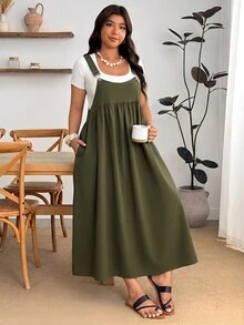 Enliva Plus Size Loose Black Strap Dress - Army Green - View 6