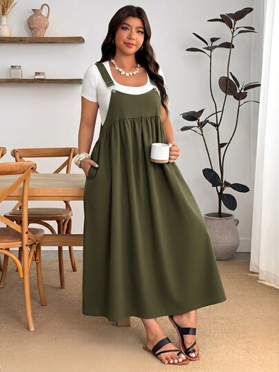 Enliva Plus Size Loose Black Strap Dress