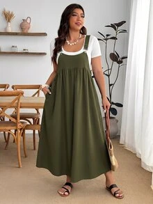 Enliva Plus Size Loose Black Strap Dress - Army Green - View 5