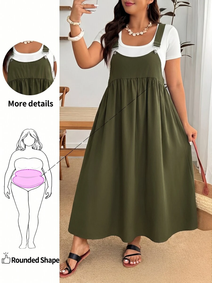 Enliva Plus Size Loose Black Strap Dress - Army Green - View 1