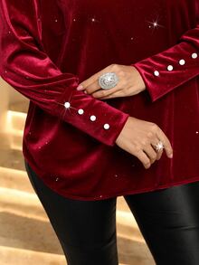 EMERY ROSE Women's Plus Size Velvet Sequin Elegant Pullover T-Shirt Winter Outfit For Women Fall Winter 2026 Elegant Women's Blouses - Burgundy - View 5