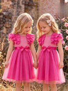 Young Girl Cap Sleeve Textured Mesh Round Neck Summer Princess Casual Dress With Belt Summer Holiday - Hot Pink - View 2