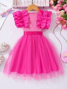 Young Girl Cap Sleeve Textured Mesh Round Neck Summer Princess Casual Dress With Belt Summer Holiday - Hot Pink - View 3