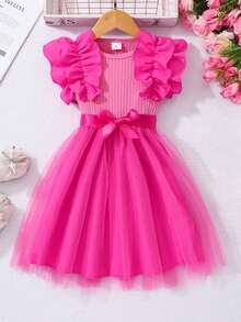 Young Girl Cap Sleeve Textured Mesh Round Neck Summer Princess Casual Dress With Belt Summer Holiday - Hot Pink - View 4