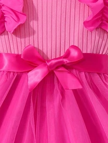 Young Girl Cap Sleeve Textured Mesh Round Neck Summer Princess Casual Dress With Belt Summer Holiday - Hot Pink - View 7