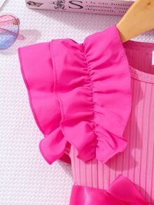 Young Girl Cap Sleeve Textured Mesh Round Neck Summer Princess Casual Dress With Belt Summer Holiday - Hot Pink - View 5