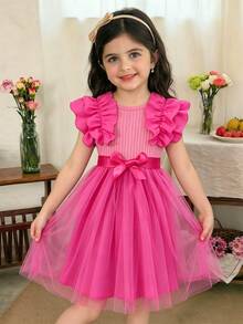 Young Girl Cap Sleeve Textured Mesh Round Neck Summer Princess Casual Dress With Belt Summer Holiday - Hot Pink - View 9
