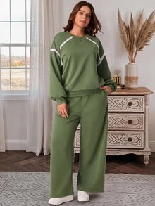 EMERY ROSE Plus Size Solid Olive Green Round Neck Long Sleeve Sweatshirt And Wide Leg Pants Two Pieces Set Fall Winter 2026 - Olive Green - View 5