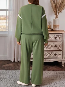 EMERY ROSE Plus Size Solid Olive Green Round Neck Long Sleeve Sweatshirt And Wide Leg Pants Two Pieces Set Fall Winter 2026 - Olive Green - View 2