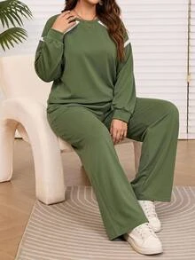 EMERY ROSE Plus Size Solid Olive Green Round Neck Long Sleeve Sweatshirt And Wide Leg Pants Two Pieces Set Fall Winter 2026 - Olive Green - View 1