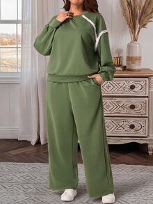 EMERY ROSE Plus Size Solid Olive Green Round Neck Long Sleeve Sweatshirt And Wide Leg Pants Two Pieces Set Fall Winter 2026 - Olive Green - View 6