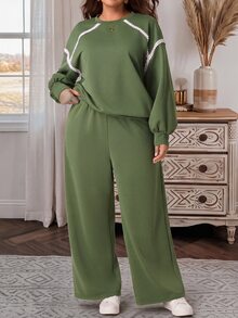 EMERY ROSE Plus Size Solid Olive Green Round Neck Long Sleeve Sweatshirt And Wide Leg Pants Two Pieces Set Fall Winter 2026 - Olive Green - View 3