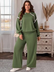 EMERY ROSE Plus Size Solid Olive Green Round Neck Long Sleeve Sweatshirt And Wide Leg Pants Two Pieces Set Fall Winter 2026 - Olive Green - View 4