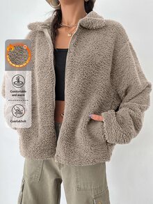 SHEIN Plus Size Solid Beige Color Zip Up Drop Shoulder Pocket Detailed Casual Teddy Coat - بيج - مشاهدة 1