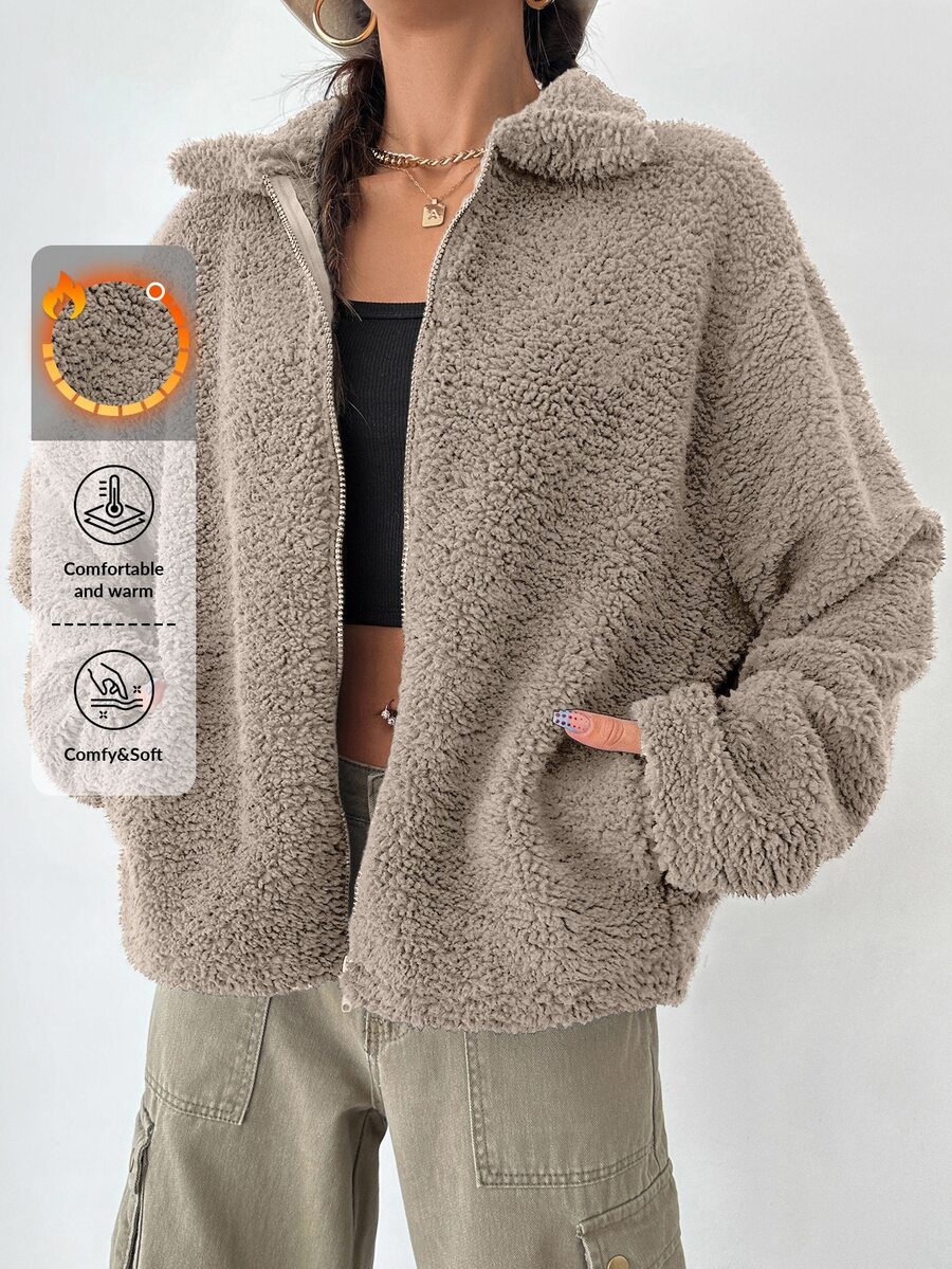 SHEIN Plus Size Solid Beige Color Zip Up Drop Shoulder Pocket Detailed Casual Teddy Coat - بيج - مشاهدة 1