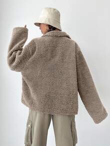 SHEIN Plus Size Solid Beige Color Zip Up Drop Shoulder Pocket Detailed Casual Teddy Coat - بيج - مشاهدة 2
